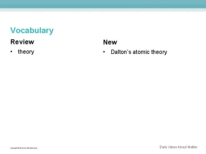 Vocabulary Review New • theory • Dalton’s atomic theory Copyright © Mc. Graw-Hill Education