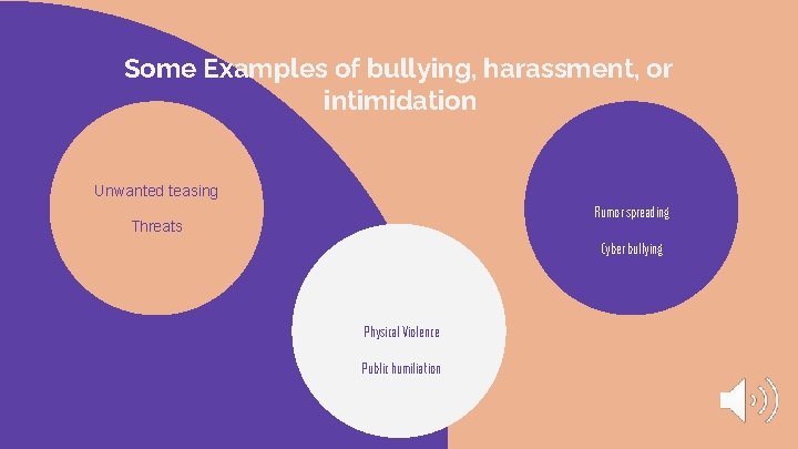 Some Examples of bullying, harassment, or intimidation Unwanted teasing Rumor spreading Threats Cyber bullying