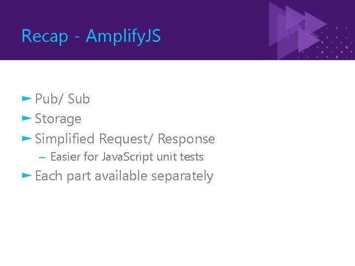 Recap - Amplify. JS ► Pub/ Sub ► Storage ► Simplified Request/ Response –