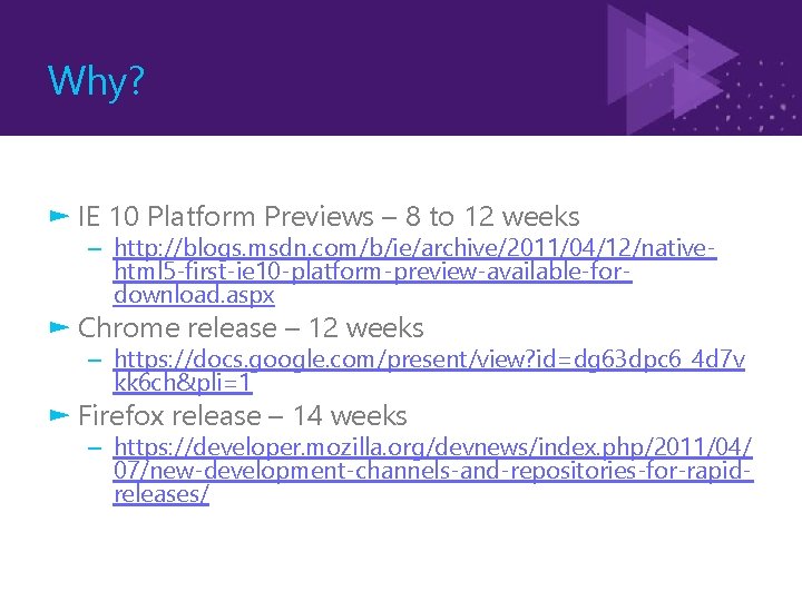 Why? ► IE 10 Platform Previews – 8 to 12 weeks – http: //blogs.