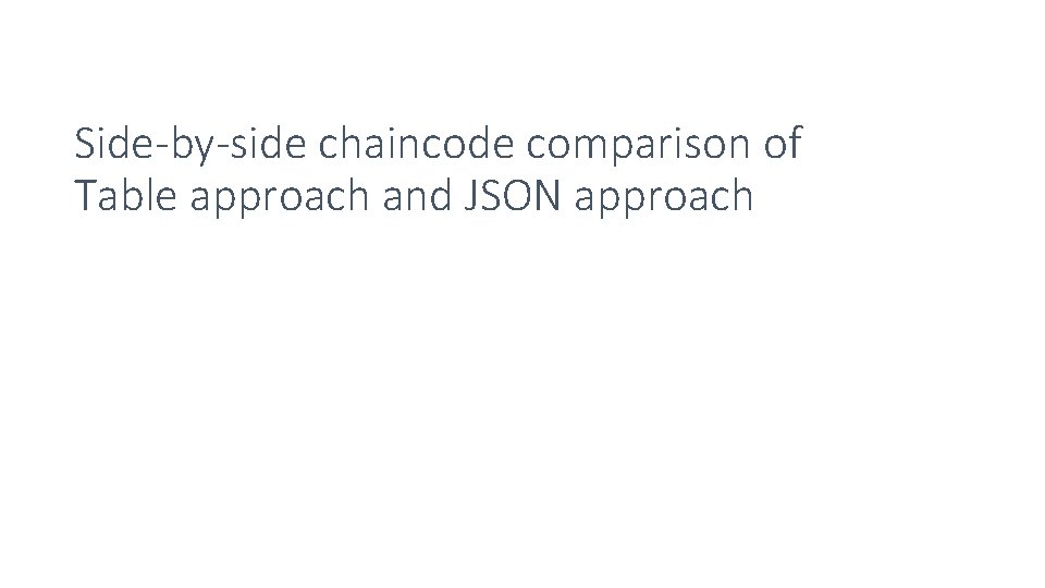 Side-by-side chaincode comparison of Table approach and JSON approach 