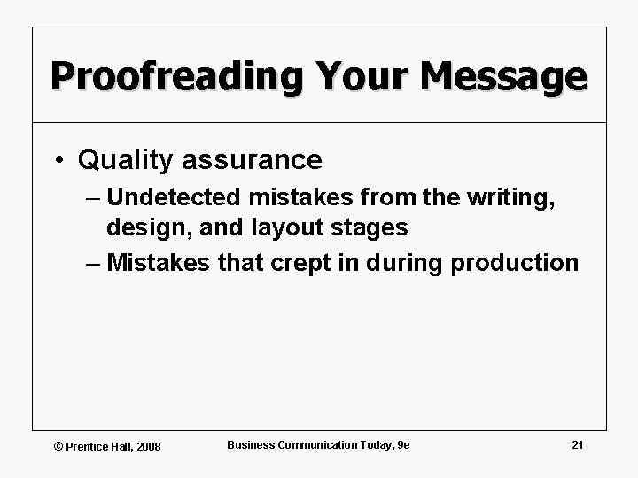 Proofreading Your Message • Quality assurance – Undetected mistakes from the writing, design, and