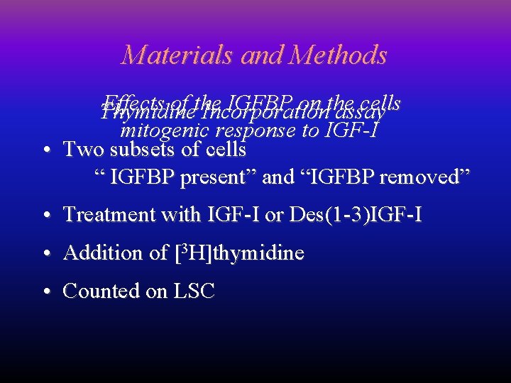 Materials and Methods Effects of the IGFBP on the cells Thymidine Incorporation assay mitogenic