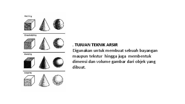 . TUJUAN TEKNIK ARSIR Digunakan untuk membuat sebuah bayangan maupun tekstur hingga juga membentuk . TUJUAN TEKNIK ARSIR Digunakan untuk membuat sebuah bayangan maupun tekstur hingga juga membentuk