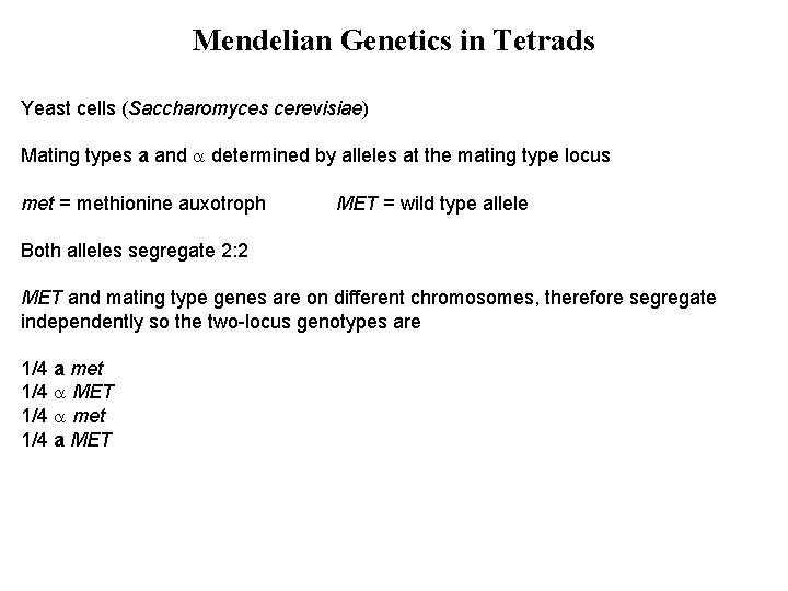Mendelian Genetics in Tetrads Yeast cells (Saccharomyces cerevisiae) Mating types a and determined by