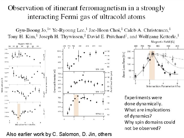 Also earlier work by C. Salomon, D. Jin, others Experiments were done dynamically. What