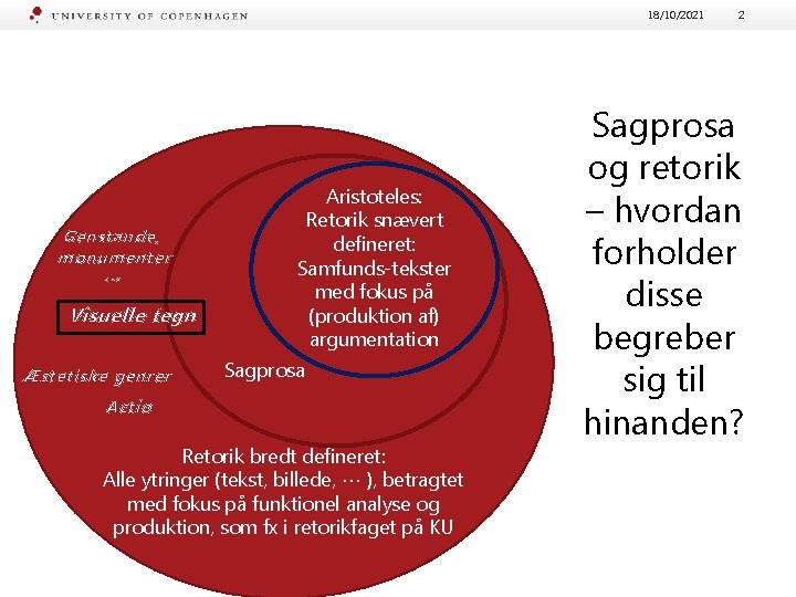 18/10/2021 Genstande, monumenter … Visuelle tegn Æstetiske genrer Aristoteles: Retorik snævert defineret: Samfunds-tekster med