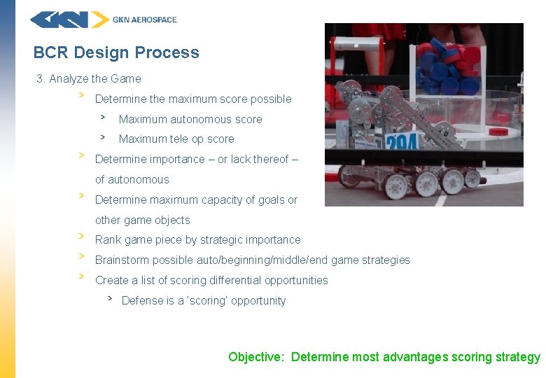 BCR Design Process 3. Analyze the Game Determine the maximum score possible Maximum autonomous