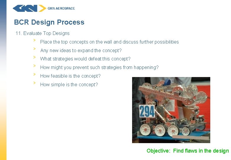 BCR Design Process 11. Evaluate Top Designs Place the top concepts on the wall