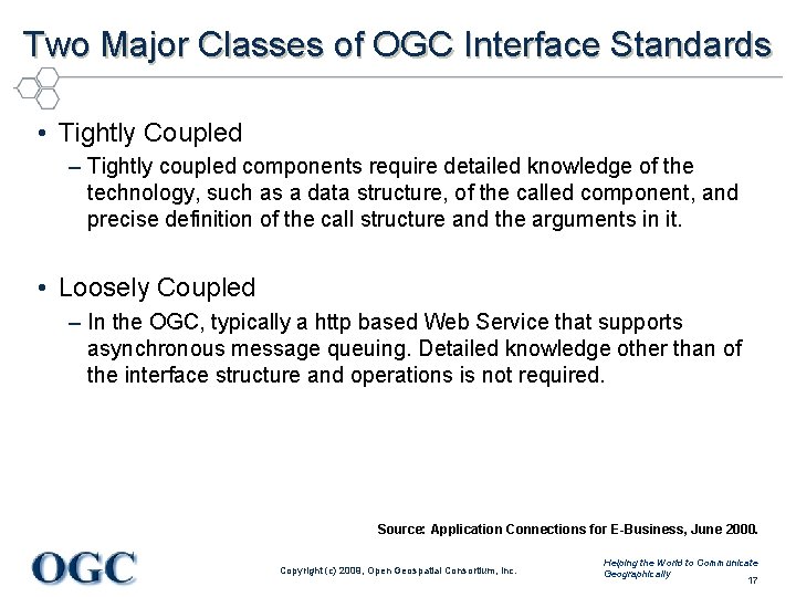 Two Major Classes of OGC Interface Standards • Tightly Coupled – Tightly coupled components