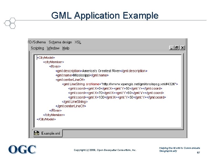 GML Application Example Copyright (c) 2009, Open Geospatial Consortium, Inc. Helping the World to