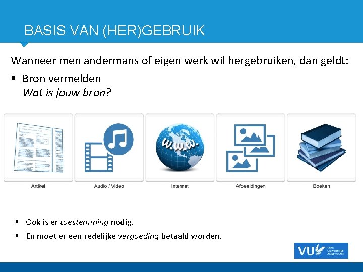 BASIS VAN (HER)GEBRUIK Wanneer men andermans of eigen werk wil hergebruiken, dan geldt: Bron