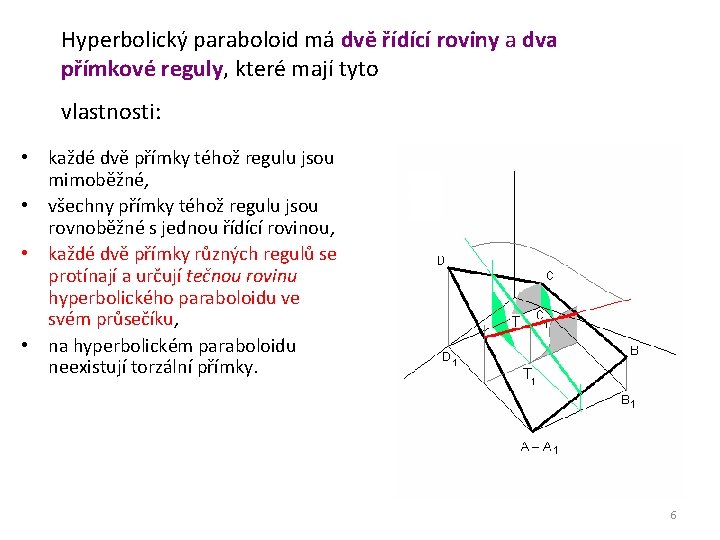 Hyperbolický paraboloid má dvě řídící roviny a dva přímkové reguly, které mají tyto vlastnosti: