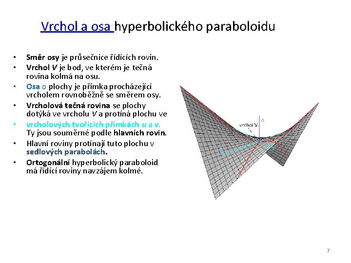 Vrchol a osa hyperbolického paraboloidu • • Směr osy je průsečnice řídících rovin. Vrchol