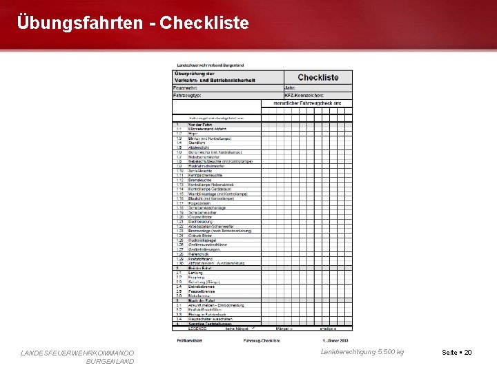 Übungsfahrten - Checkliste LANDESFEUERWEHRKOMMANDO BURGENLAND Lenkberechtigung 5. 500 kg Seite 20 