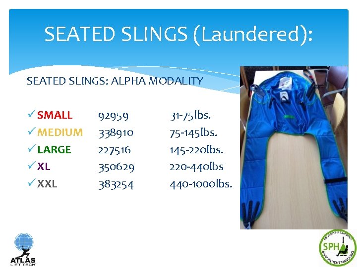 SEATED SLINGS (Laundered): SEATED SLINGS: ALPHA MODALITY ü SMALL ü MEDIUM ü LARGE ü