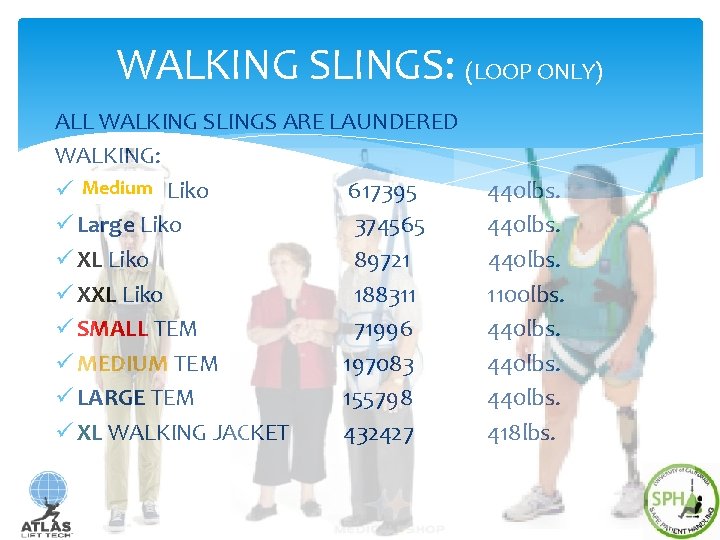 WALKING SLINGS: (LOOP ONLY) ALL WALKING SLINGS ARE LAUNDERED WALKING: Medium Liko ü Medium