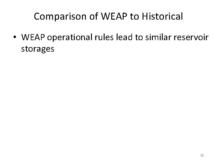 Comparison of WEAP to Historical • WEAP operational rules lead to similar reservoir storages