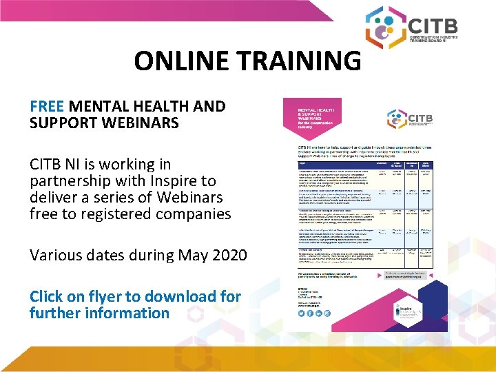 ONLINE TRAINING FREE MENTAL HEALTH AND SUPPORT WEBINARS CITB NI is working in partnership