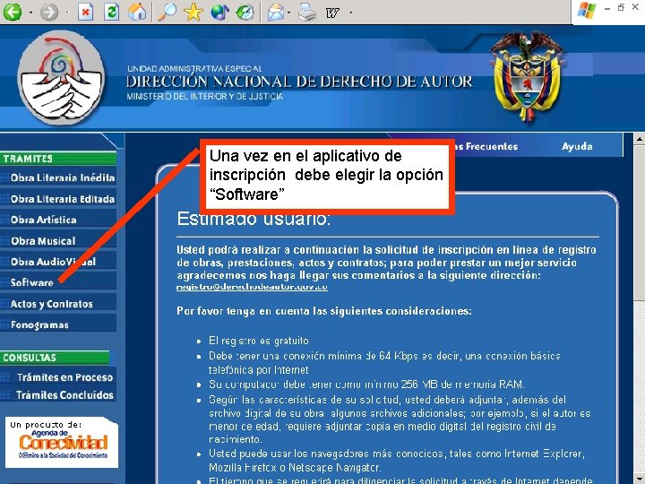 Una vez en el aplicativo de inscripción debe elegir la opción “Software” 