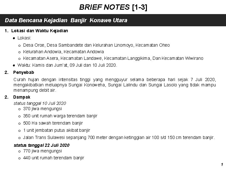 BRIEF NOTES [1 -3] Data Bencana Kejadian Banjir Konawe Utara 1. Lokasi dan Waktu
