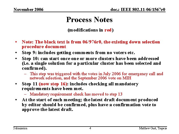 November 2006 doc. : IEEE 802. 11 -06/1567 r 0 Process Notes (modifications in