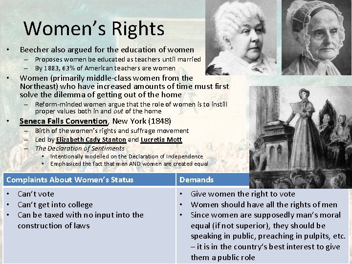 Women’s Rights • Beecher also argued for the education of women – Proposes women