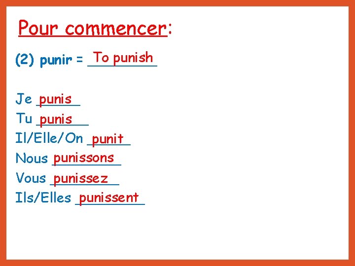 Pour commencer: To punish (2) punir = ____ Je _____ punis Tu ______ punis