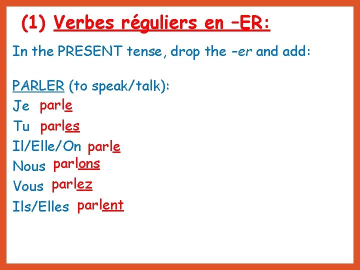 (1) Verbes réguliers en –ER: In the PRESENT tense, drop the –er and add: