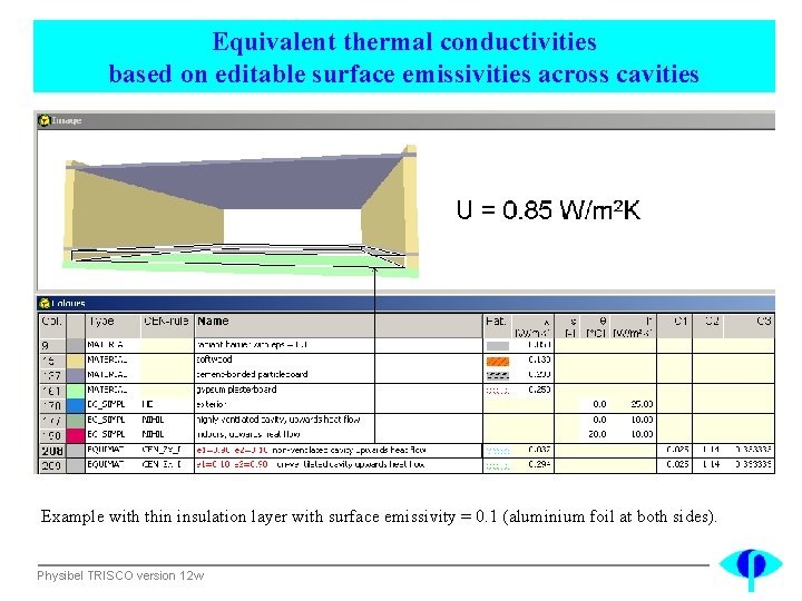 Equivalent thermal conductivities based on editable surface emissivities across cavities Example with thin insulation