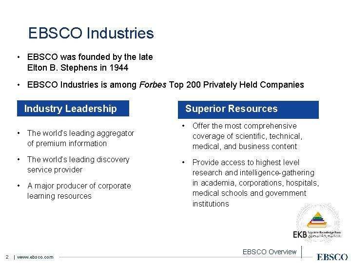 EBSCO Industries • EBSCO was founded by the late Elton B. Stephens in 1944