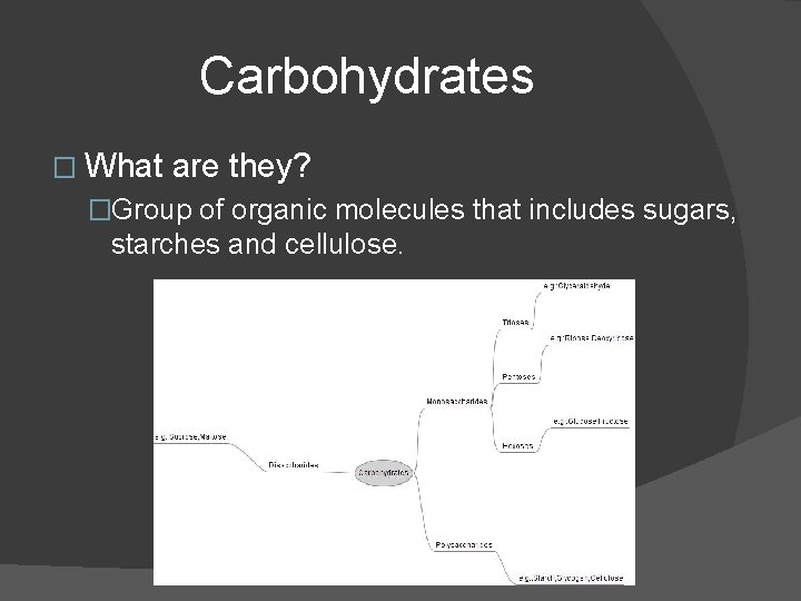 Carbohydrates � What are they? �Group of organic molecules that includes sugars, starches and Carbohydrates � What are they? �Group of organic molecules that includes sugars, starches and