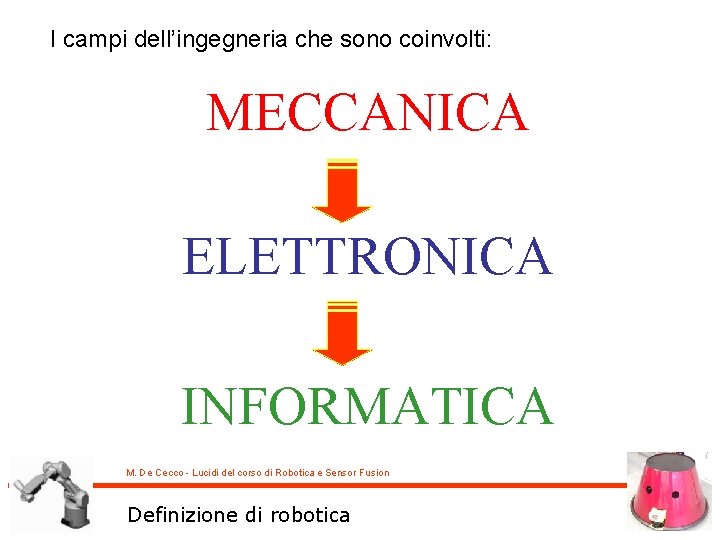 I campi dell’ingegneria che sono coinvolti: MECCANICA ELETTRONICA INFORMATICA M. De Cecco - Lucidi