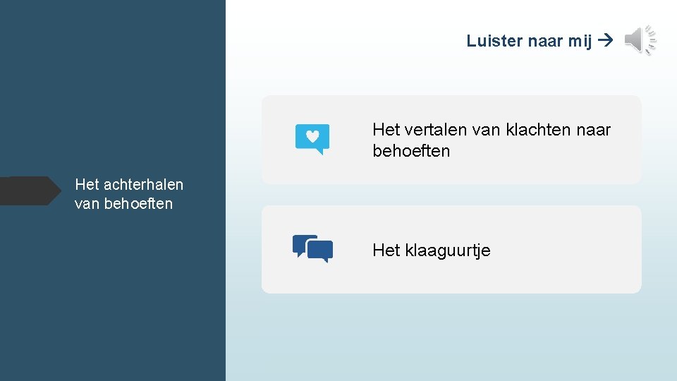 Luister naar mij Het vertalen van klachten naar behoeften Het achterhalen van behoeften Het