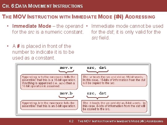 CH. 6: DATA MOVEMENT INSTRUCTIONS THE MOV INSTRUCTION WITH IMMEDIATE MODE (#N) ADDRESSING •