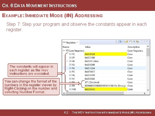 CH. 6: DATA MOVEMENT INSTRUCTIONS EXAMPLE: IMMEDIATE MODE (#N) ADDRESSING Step 7: Step your