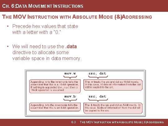CH. 6: DATA MOVEMENT INSTRUCTIONS THE MOV INSTRUCTION WITH ABSOLUTE MODE (&)ADDRESSING • Precede
