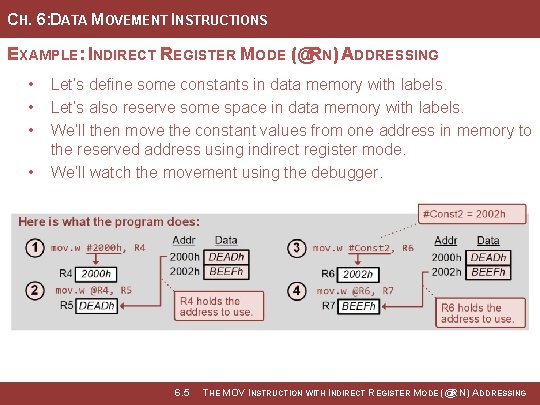 CH. 6: DATA MOVEMENT INSTRUCTIONS EXAMPLE: INDIRECT REGISTER MODE (@RN) ADDRESSING • • Let’s