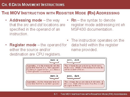 CH. 6: DATA MOVEMENT INSTRUCTIONS THE MOV INSTRUCTION WITH REGISTER MODE (RN) ADDRESSING •