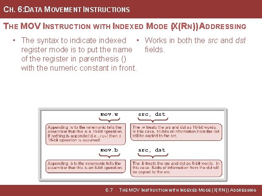 CH. 6: DATA MOVEMENT INSTRUCTIONS THE MOV INSTRUCTION WITH INDEXED MODE (X(RN)) ADDRESSING •