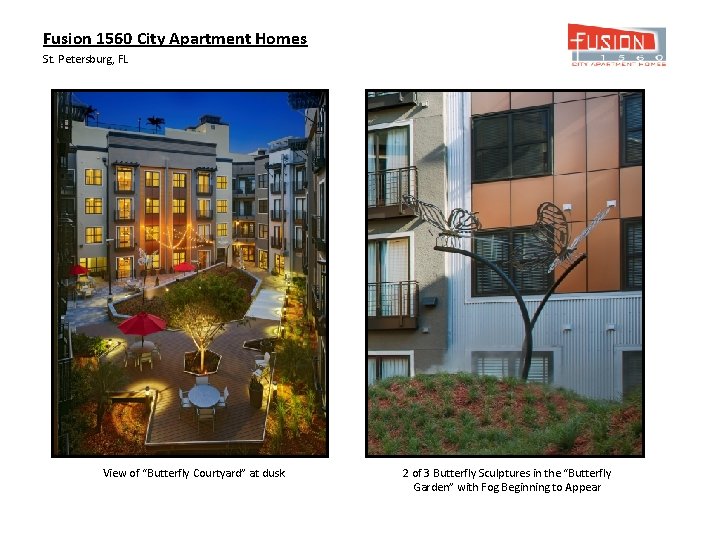 Fusion 1560 City Apartment Homes St. Petersburg, FL View of “Butterfly Courtyard” at dusk