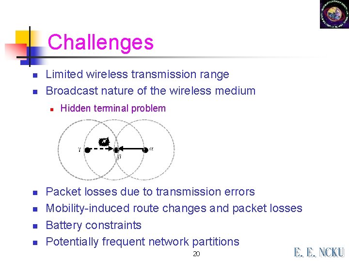 Challenges n n Limited wireless transmission range Broadcast nature of the wireless medium n Challenges n n Limited wireless transmission range Broadcast nature of the wireless medium n