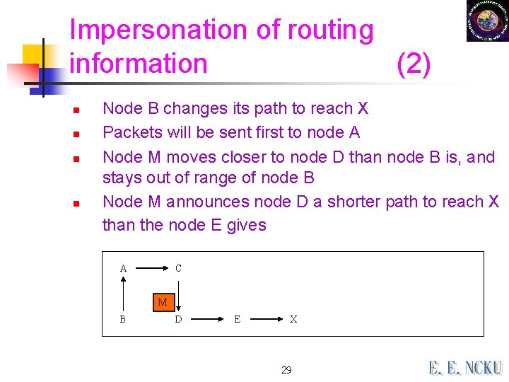 Impersonation of routing information (2) n n Node B changes its path to reach Impersonation of routing information (2) n n Node B changes its path to reach
