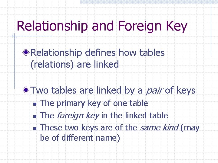Relationship and Foreign Key Relationship defines how tables (relations) are linked Two tables are