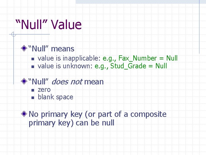“Null” Value “Null” means n n value is inapplicable: e. g. , Fax_Number =