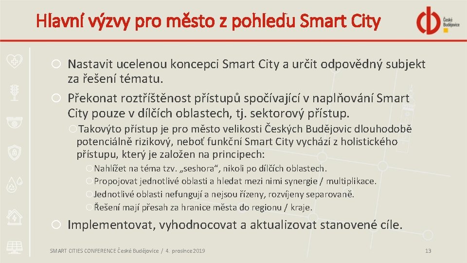 Hlavní výzvy pro město z pohledu Smart City o Nastavit ucelenou koncepci Smart City