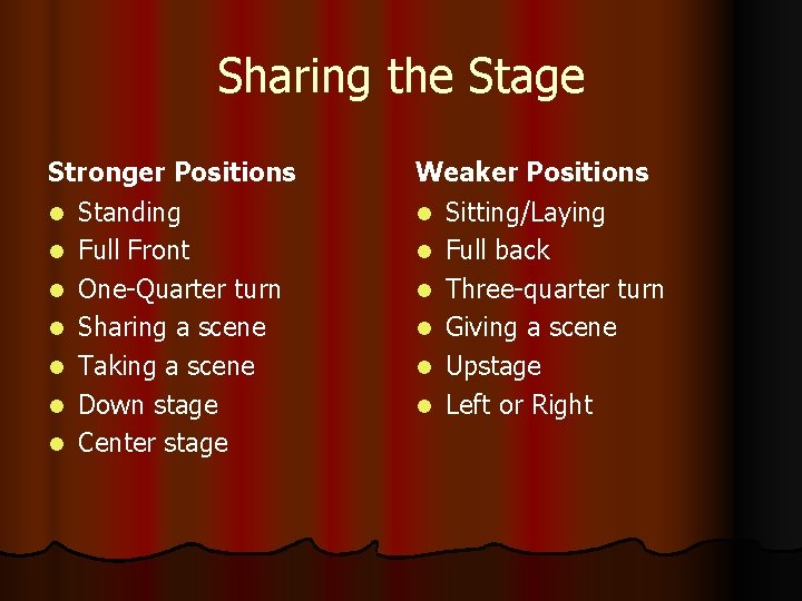 Sharing the Stage Stronger Positions l Standing l Full Front l One-Quarter turn l Sharing the Stage Stronger Positions l Standing l Full Front l One-Quarter turn l