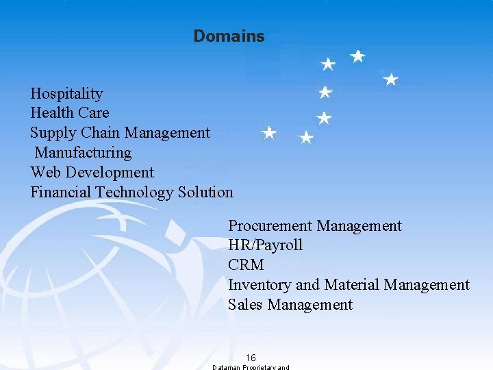 Domains Hospitality Health Care Supply Chain Management Manufacturing Web Development Financial Technology Solution Procurement