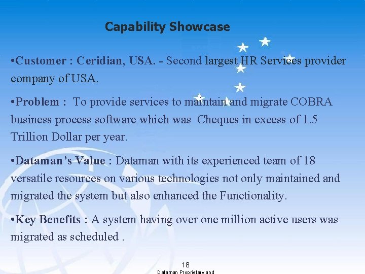 Capability Showcase • Customer : Ceridian, USA. - Second largest HR Services provider company