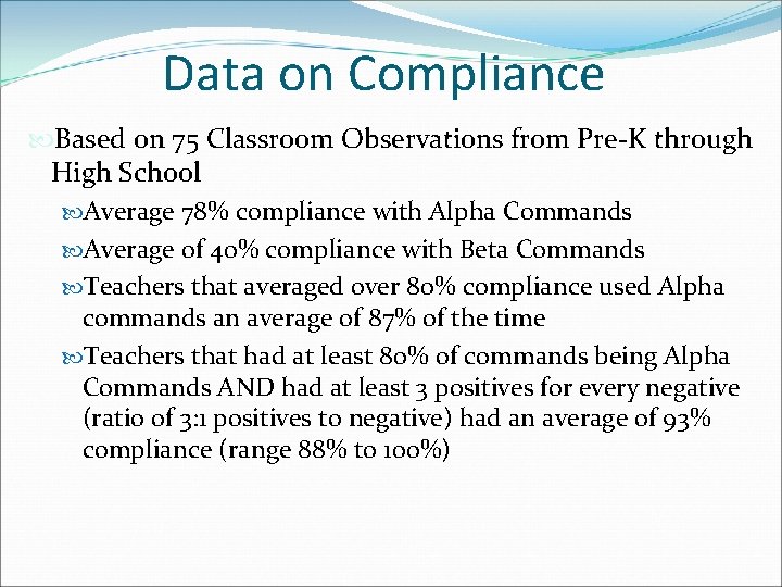 Data on Compliance Based on 75 Classroom Observations from Pre-K through High School Average Data on Compliance Based on 75 Classroom Observations from Pre-K through High School Average